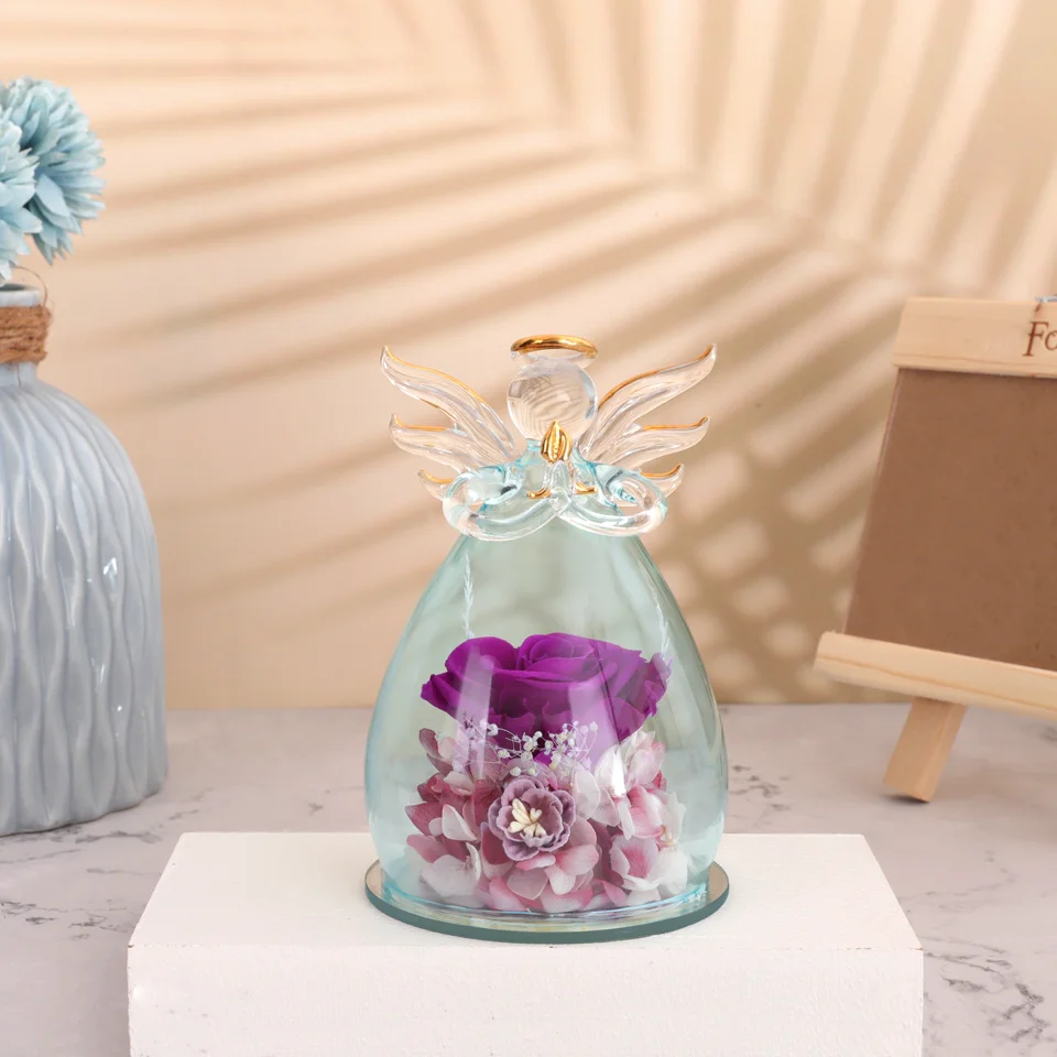 Florose purple rose glass angel in a home setting